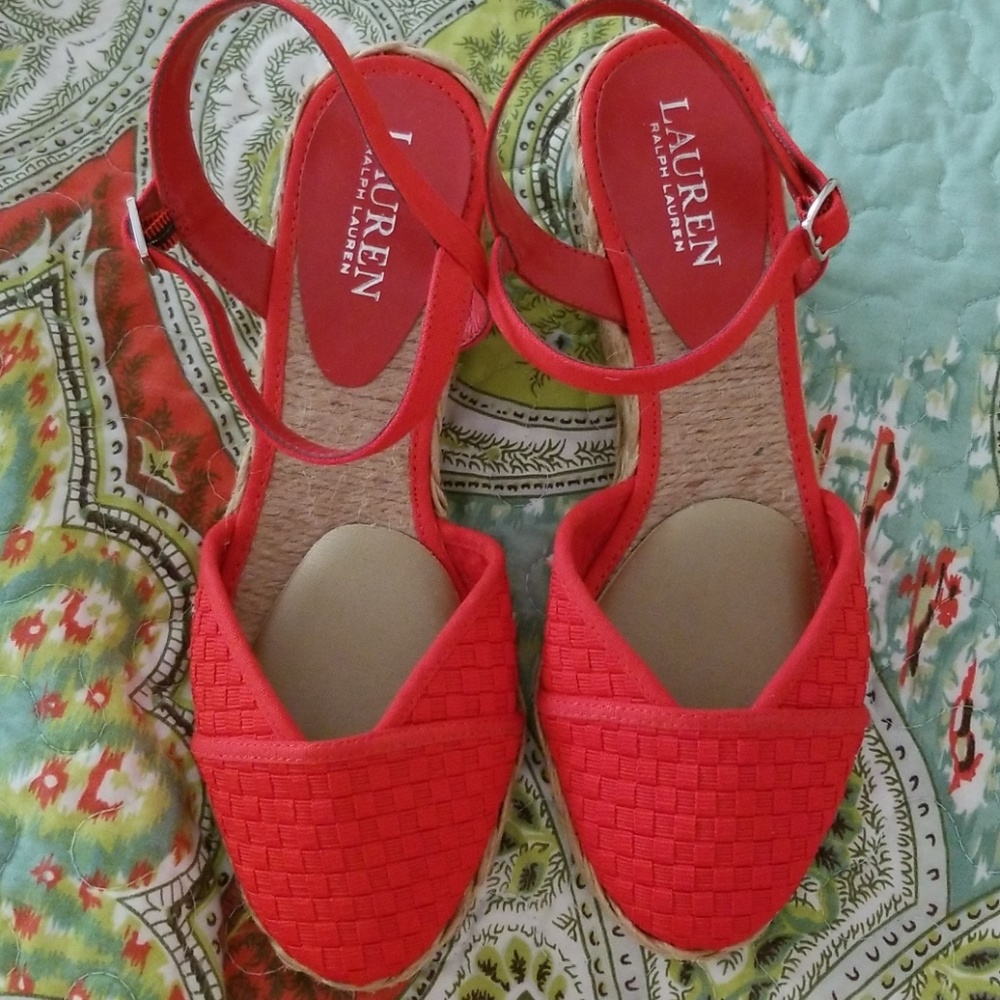 Lauren Ralph Lauren Red Woven Espadrille Wedge Sandals